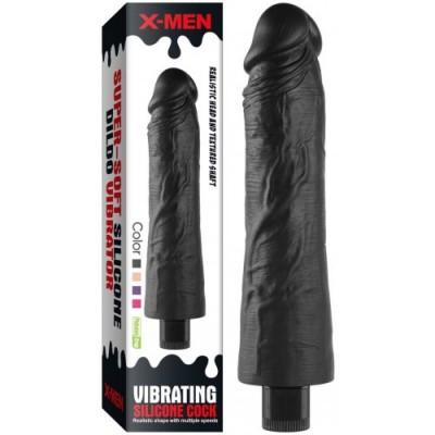 Реалистичный черный вибратор с рельефным стволом X-Men Vibrating Siliсone Cock 24 см