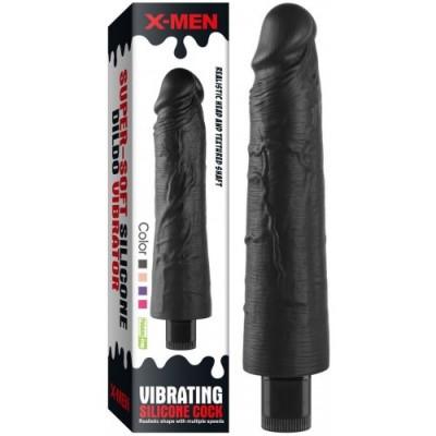Реалистичный черный вибратор с рельефным стволом X-Men Vibrating Siliсone Cock 21 см