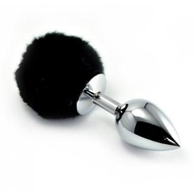 Анальная пробка с черным хвостиком кролика Small Silver Plug
