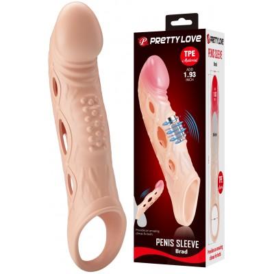 Увеличивающая вибронасадка на пенис с петлей под мошонку телесного цвета Penis Sleeve Brad + 5 см