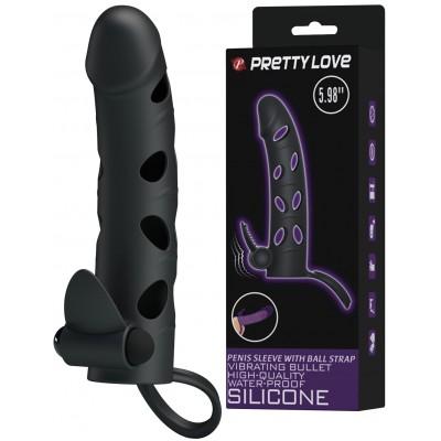 Силиконовая вибронасадка с клиторальным стимулятором и петлей под мошонку Pretty Love Penis Sleeve