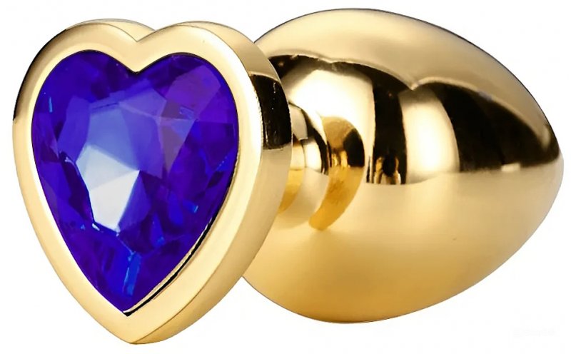 Золотая металлическая анальная пробка с синим камушком в виде сердечка M