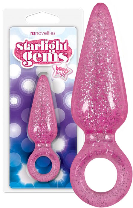 Блестящая анальная втулка Booty Pops с кольцом на пальчик розовая
