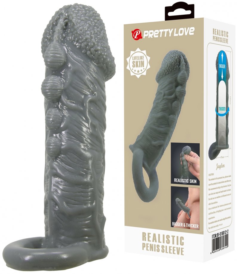 Увеличивающая насадка на пенис со стимулирующим рельефом Realistic Penis Sleeve + 3 см серая