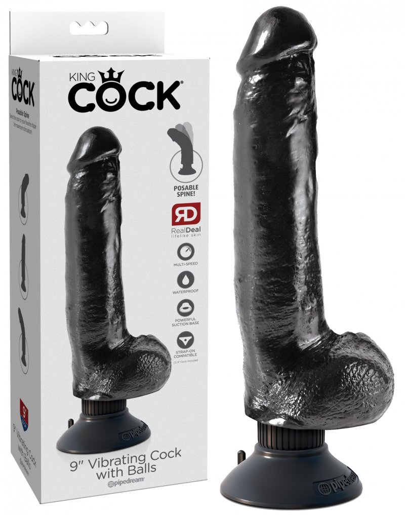 Черный вибратор с присоской King Cock Vibrating Cock with Balls Black 21 см