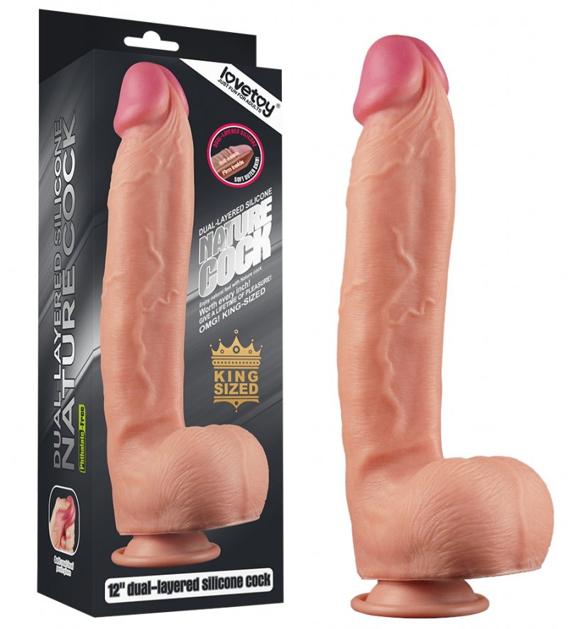 Большой фаллос на присоске с мошонкой Dual Layered Silicone Cock 30 см