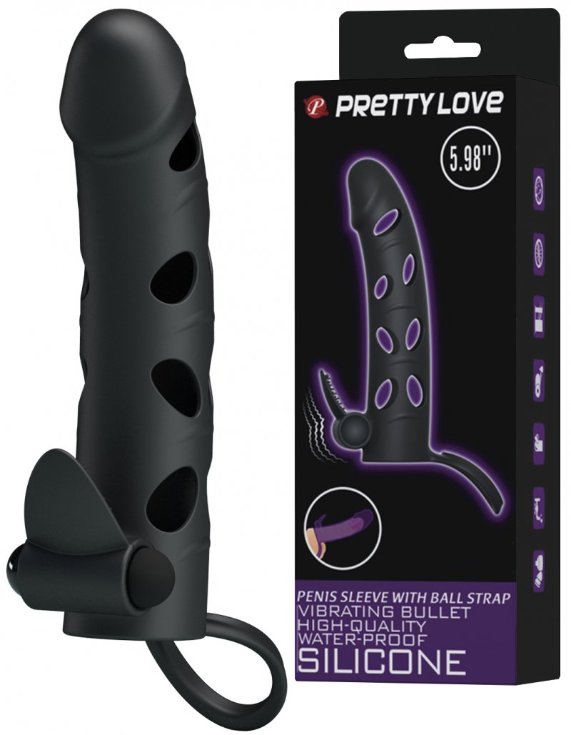 Силиконовая вибронасадка с клиторальным стимулятором и петлей под мошонку Pretty Love Penis Sleeve