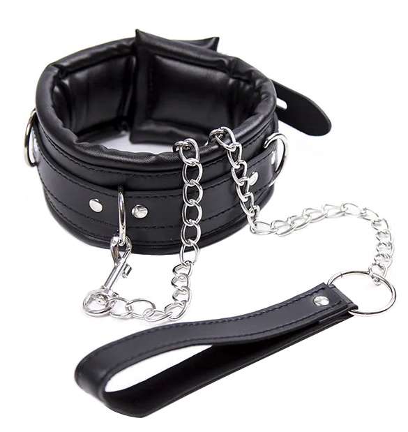 Мягкий черный ошейник с поводком на цепи