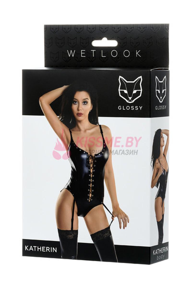 Боди Glossy из материала Wetlook на шнуровке черное М 