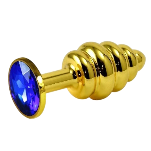 Анальная пробка Gold Small Plug рифленая синий страз