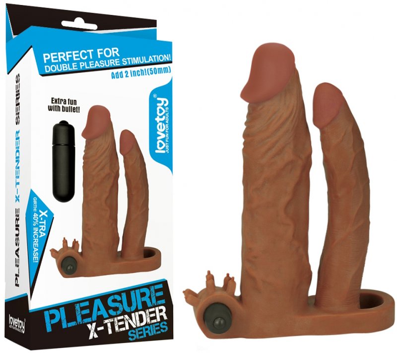 Удлиняющая вибронасадка для двойного проникновения Pleasure X Tender Vibrating Double Penis Sleeve мулат + 5 см