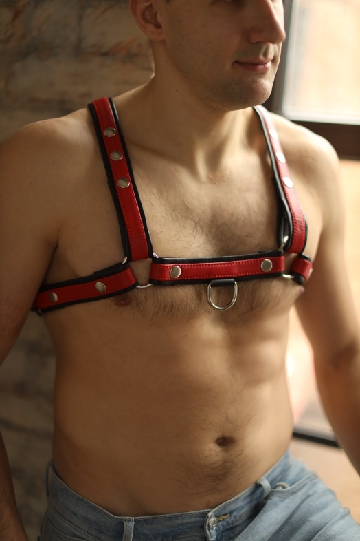 Мужская двусторонняя БДСМ сбруя Black-Red с кольцом и заклепками