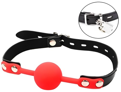Красный кляп из силикона на ремне с замочком