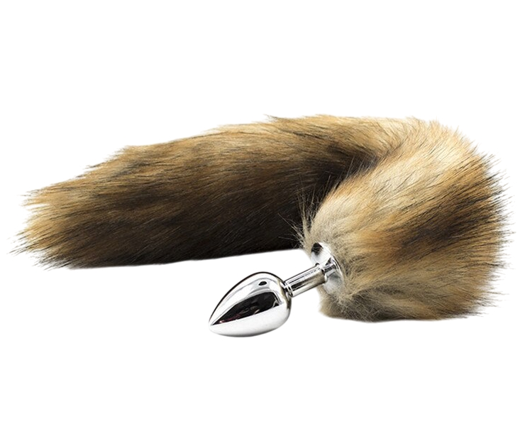 Металлическая анальная пробка S с длинным бурым хвостиком 43 см