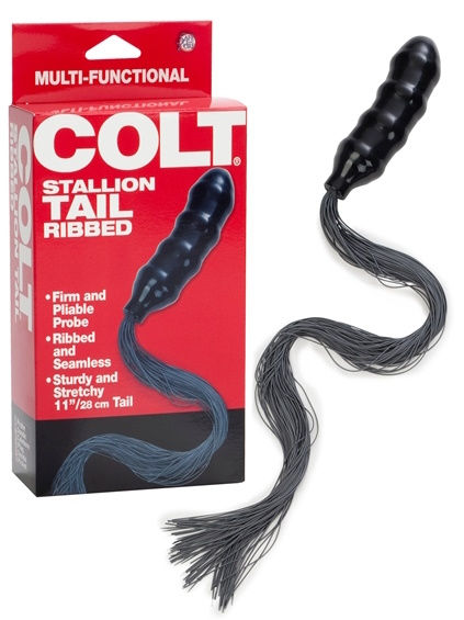 Черный силиконовый фаллос Colt с резиновым хвостом-плетью