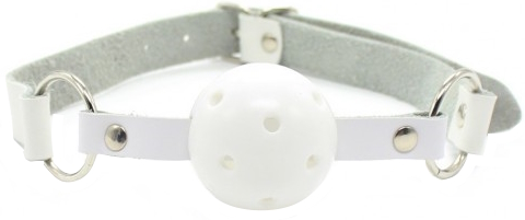 Белый кляп-шар на кожаном ремне