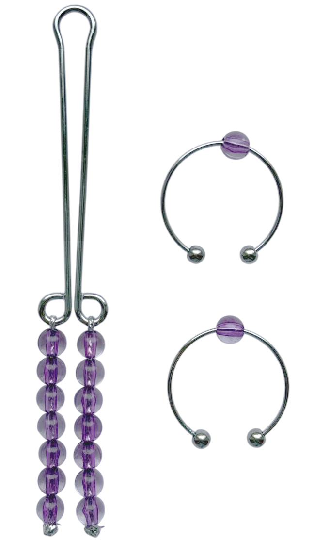 Клипсы-колечки для сосков и зажим для клитора с фиолетовыми бусинами Nipple and Clitoral Amethyst