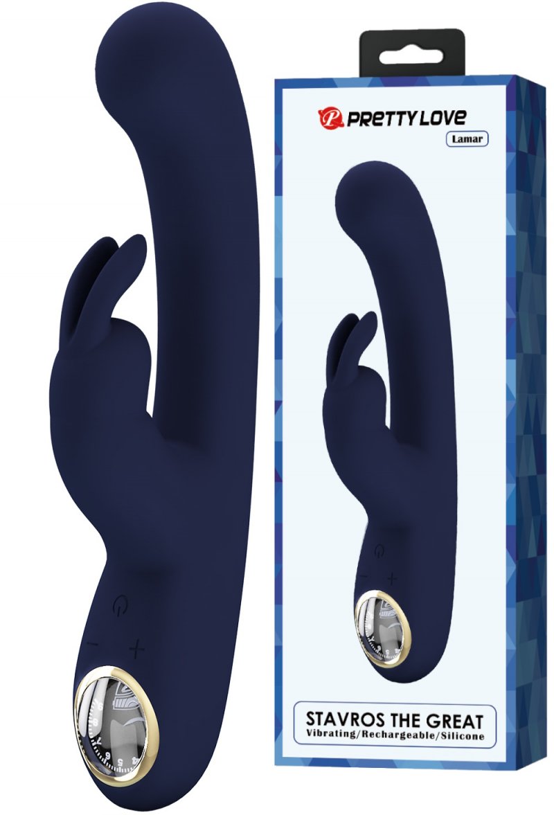 Перезаряжаемый вибратор с клиторальным стимулятором-кроликом и LED-экраном Pretty Love Lamar синий