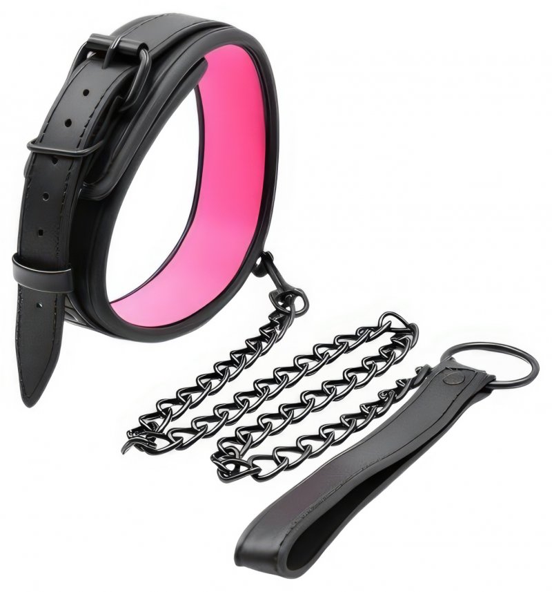 Черный БДСМ ошейник с розовой подкладкой и поводком на цепи