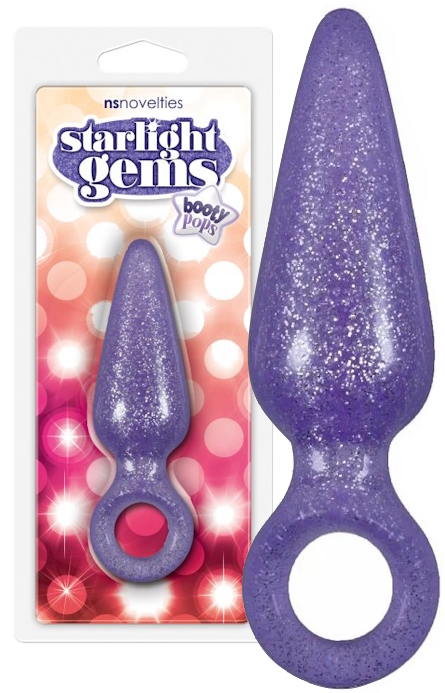 Блестящая анальная втулка Booty Pops с кольцом на пальчик фиолетовая