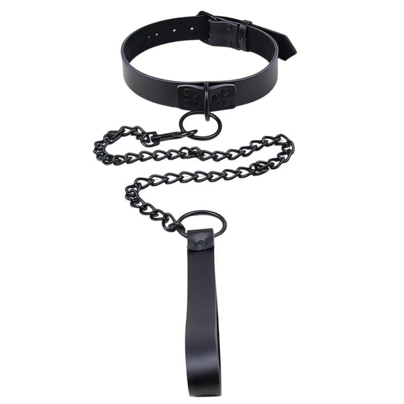 Черный классический ошейник с поводком из натуральной кожи