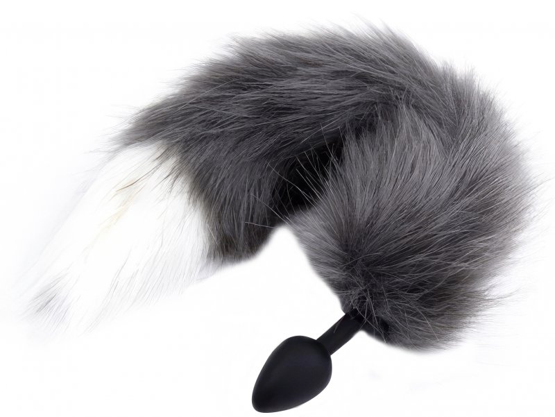 Силиконовая анальная втулка S с серо-белым хвостиком Furry Fox 44 см