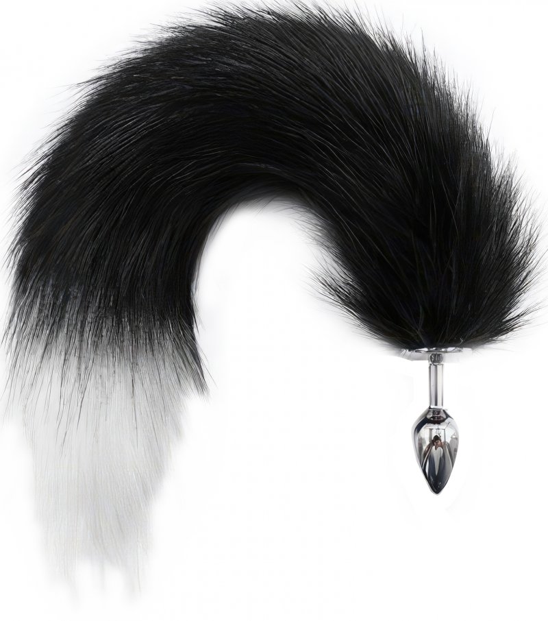 Металлическая анальная пробка S с длинным черно-белым хвостиком 44 см