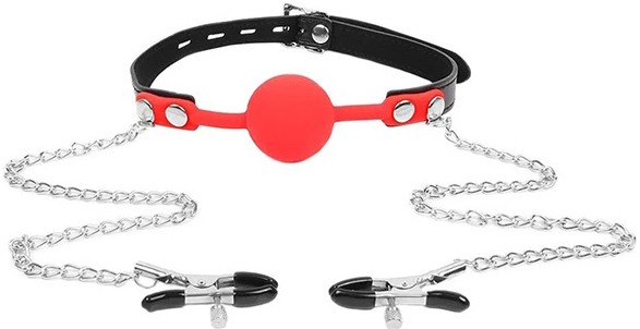 Красный кляп с зажимами для сосков и замочком Notabu