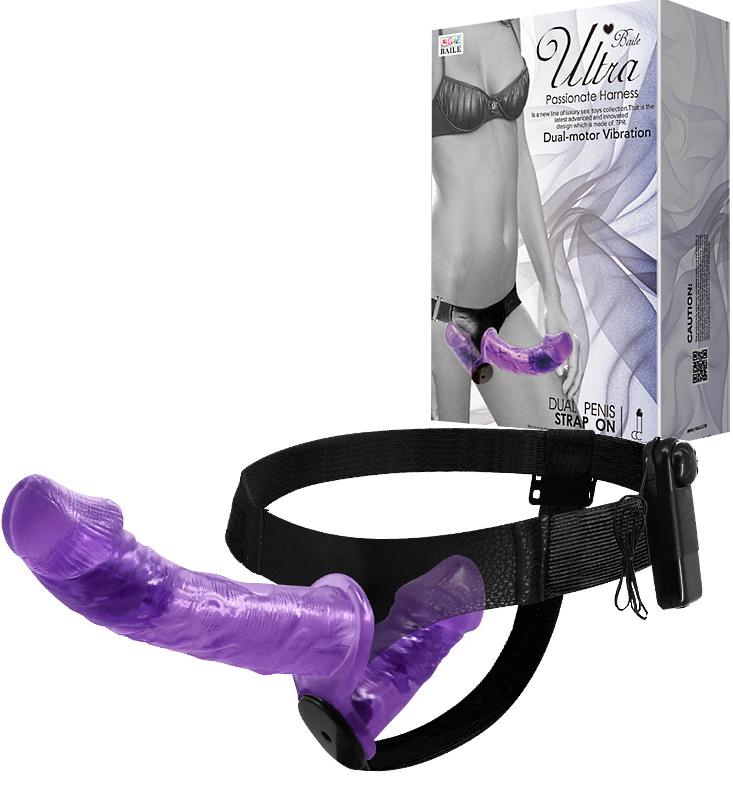 Двойной страпон с вибрацией Ultra Passionate Harness Violet 18 см и 11 см