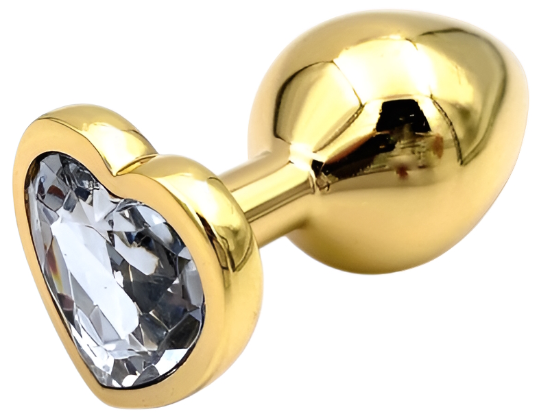 Золотая металлическая анальная пробка с прозрачным камушком в виде сердечка M