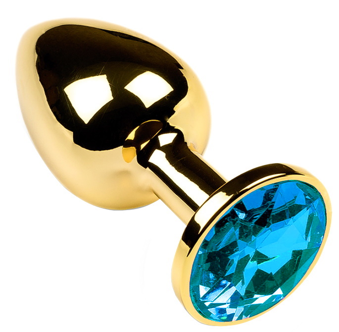 Золотая металлическая анальная пробка с камушком голубого цвета M