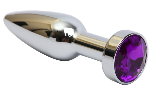 Серебряная металлическая анальная пробка с фиолетовым стразом, размер S