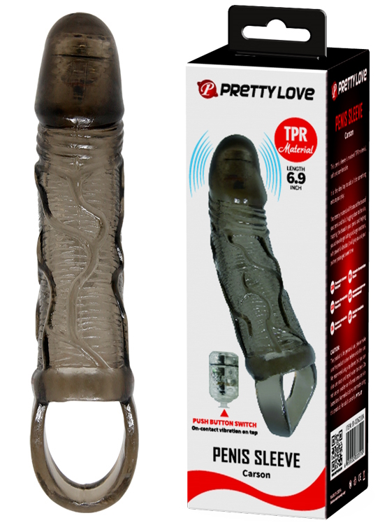 Увеличивающая вибронасадка на пенис с петлей под мошонку черного цвета Penis Sleeve Carson + 3 см