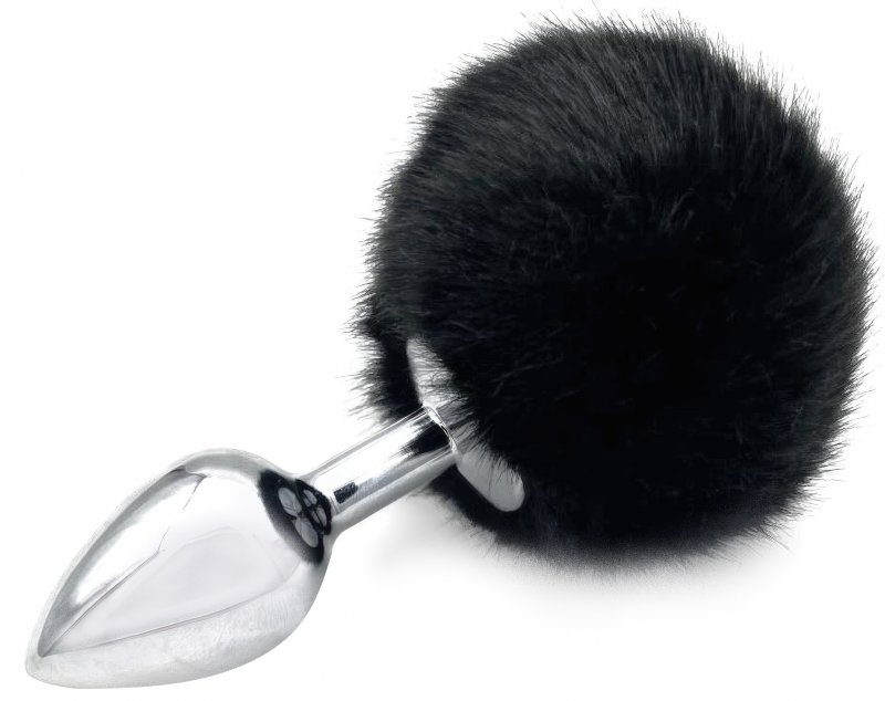 Анальная пробка из металла с черным хвостиком кролика