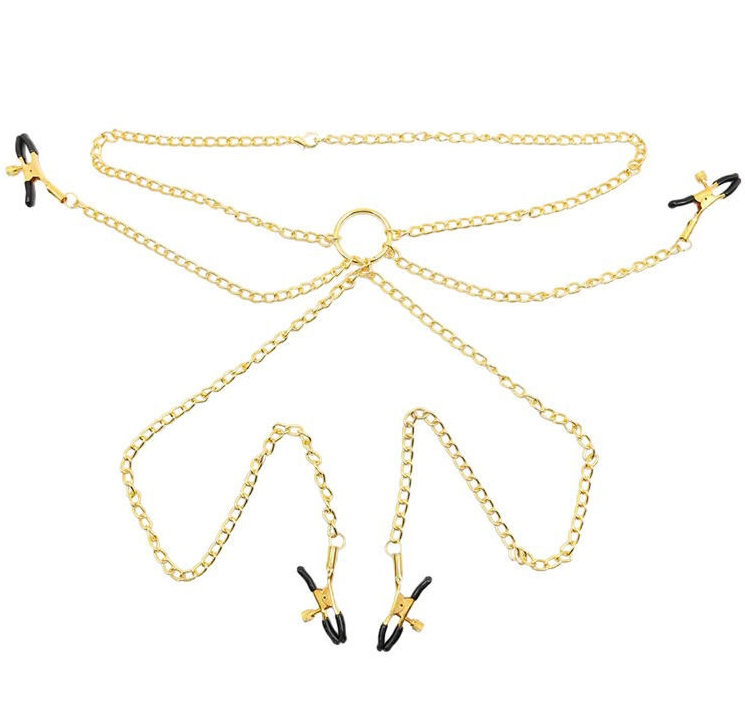 Золотые зажимы на соски и половые губы с цепью на шею