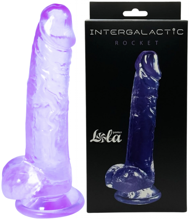 Прозрачный фаллос с мошонкой Intergalactic Rocket Purple