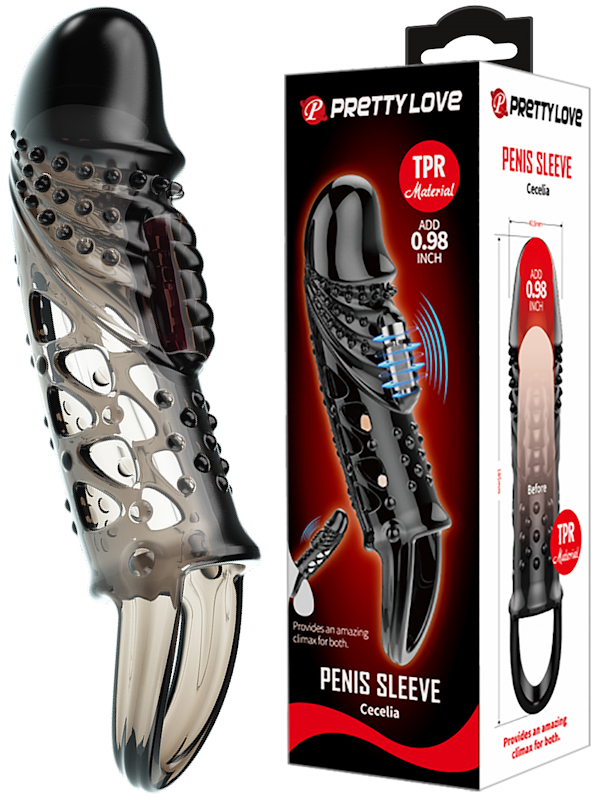 Увеличивающая вибронасадка на пенис с петлей под мошонку черного цвета Penis Sleeve Cecelia + 2,5 см