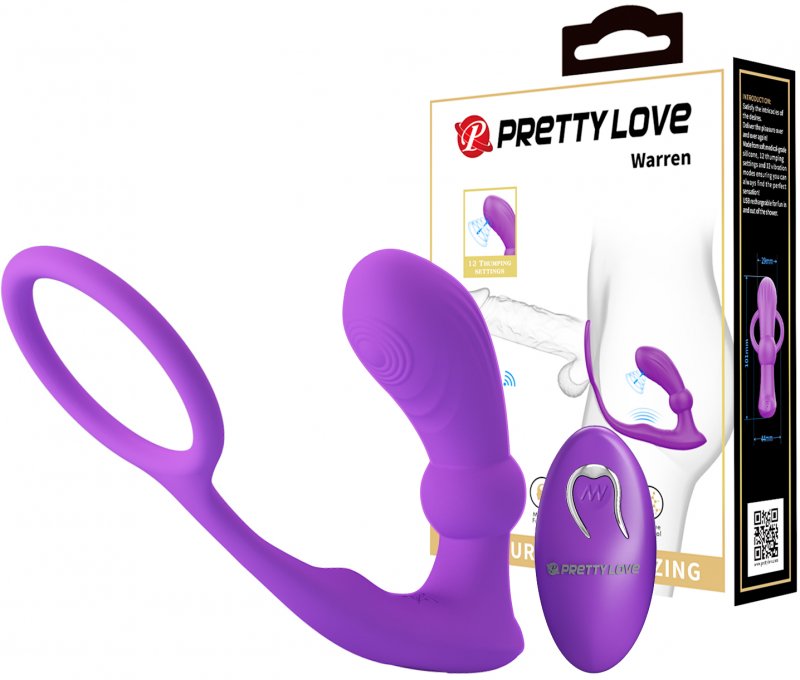 Пульсирующий вибромассажер простаты с эрекционным кольцом и с пультом ДУ Pretty Love Warren