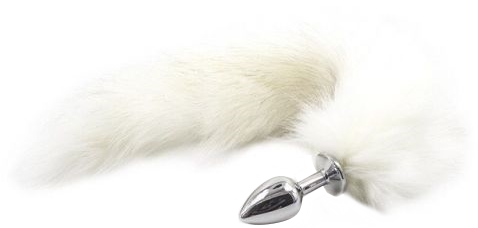 Металлическая анальная пробка S с длинным белым хвостиком 41 см