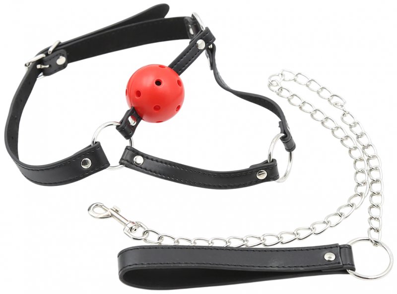 Красный кляп-шар с поводком на цепи