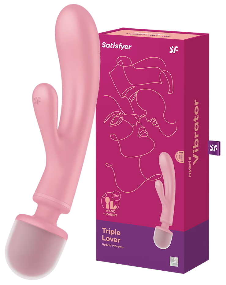 Двусторонний вибратор с клиторальным стимулятором Wand + Rabbit Satisfyer Triple Lover Pink