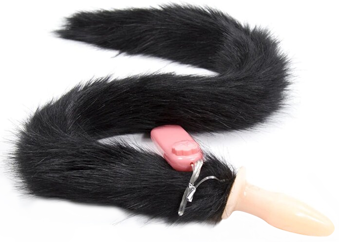 Анальная вибровтулка из силикона с длинным черным хвостом 84 см