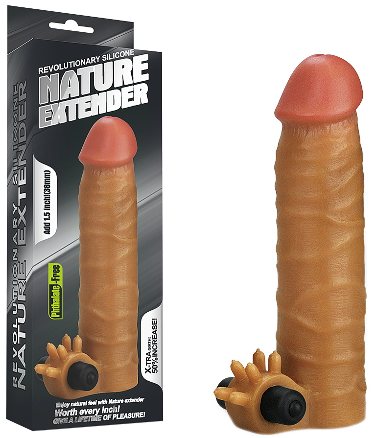 Насадка на пенис с вибрацией Revolutionary Silicone Nature Extender мулат + 4 см к длине