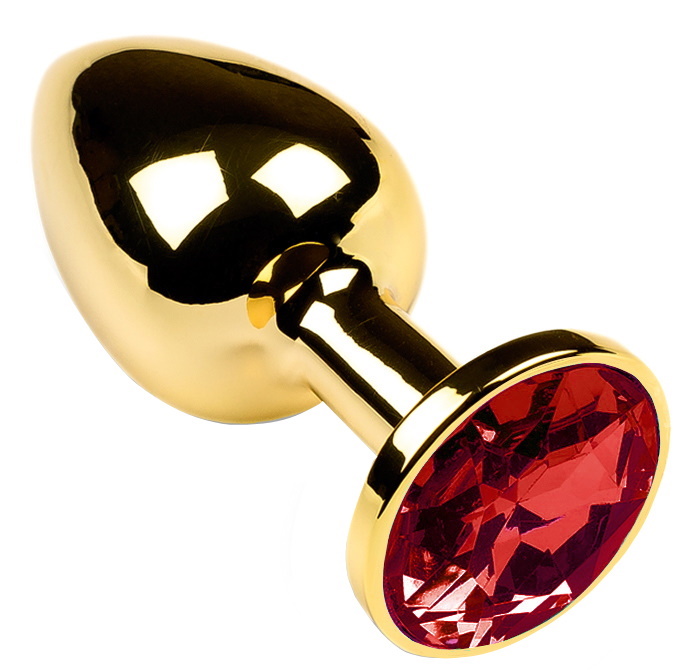 Золотая металлическая анальная пробка с красным камушком M