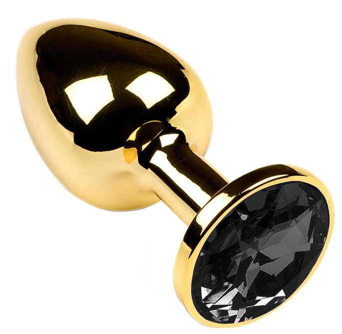 Золотая металлическая анальная пробка с камушком черного цвета L