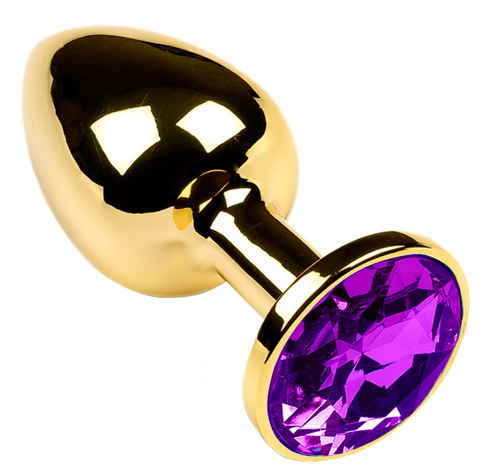Золотая металлическая анальная пробка с камушком фиолетового цвета M