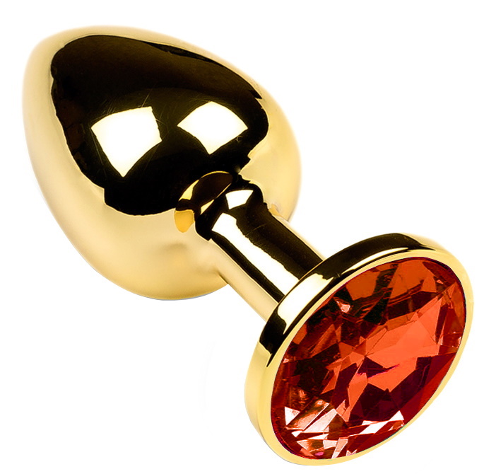 Золотая металлическая анальная пробка с камушком оранжевого цвета M